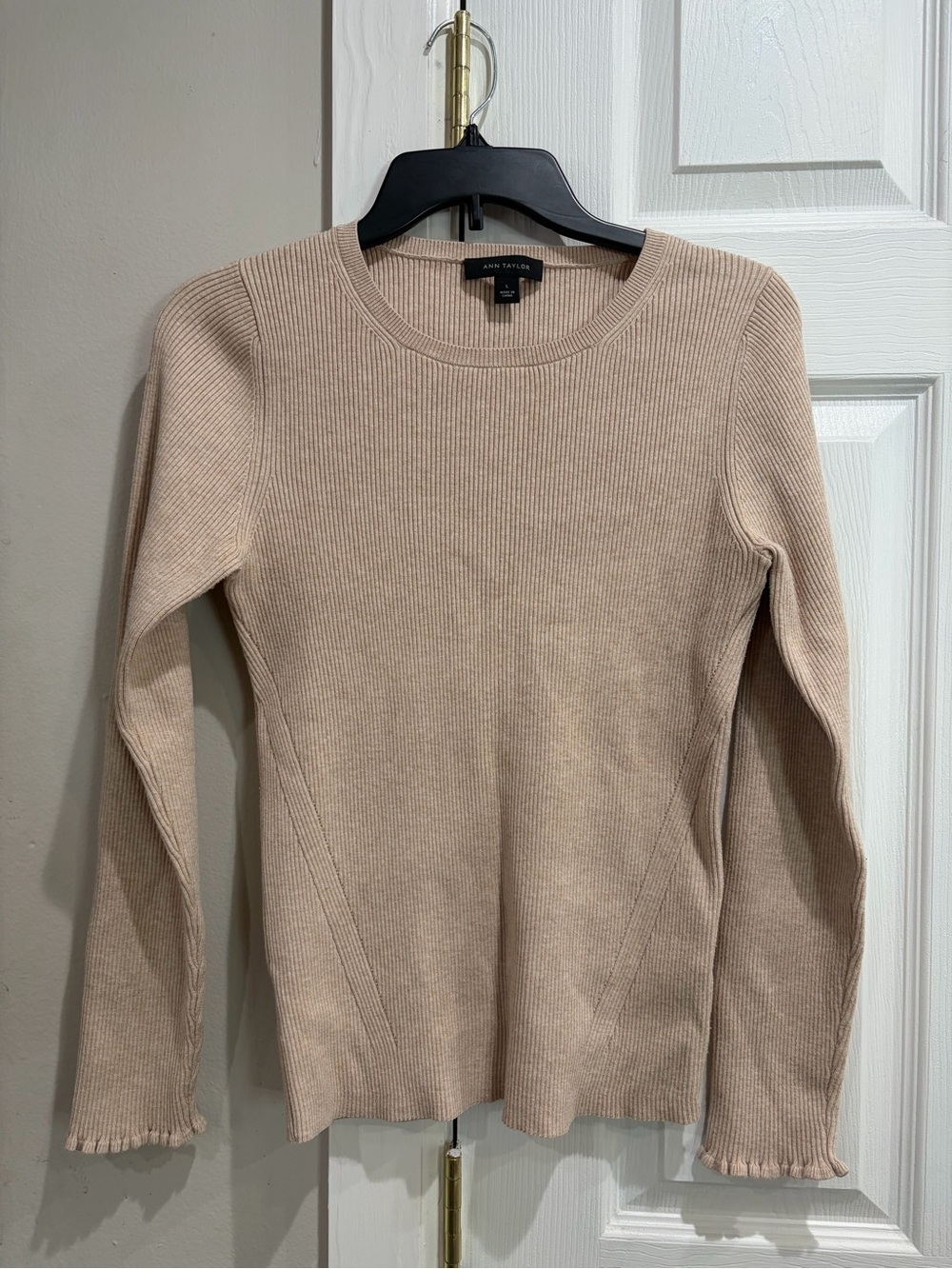 Ann Taylor Ribbed Crewneck Sweater in Light Beige